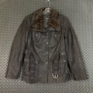 Urban Nature Pigskin‎ Leather Belted Jacket Fur Collar Brown Women's Size Large
